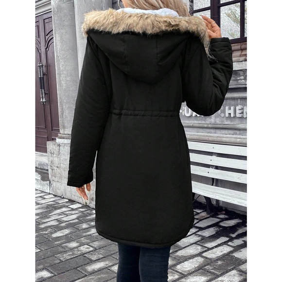 Faux fur Trim Drawstring Waist Hooded Parka puffer Coat cream neutr - Picture 8 of 8